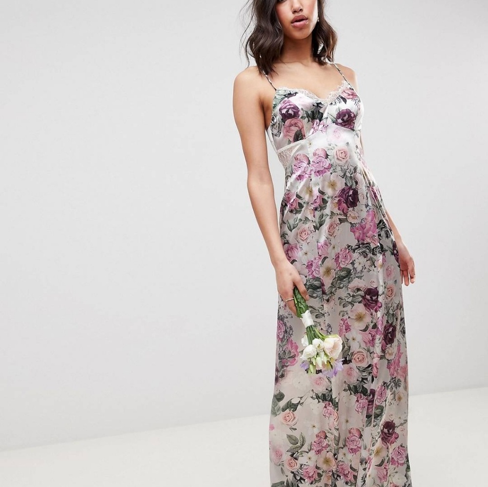 Floral Satin Maxi Dress with Lace Detail